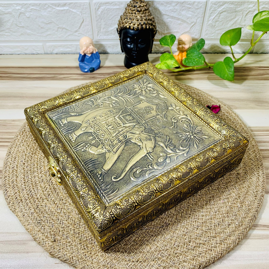 Homefrills Square Elephant Designer Golden colour Decorative, Handicraft Empty Dry Fruit Gift Box/Marriage Gift Box/Wooden DryFruit Box/Sweets Box/Gift Box, Supari Box (Four Section Box)
